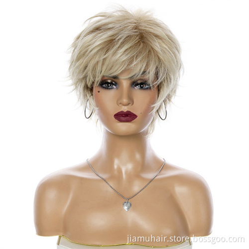 Ombre Brown Blonde Pixie Cut Women's Wig Shaggy Layered Natural Short Straight Synthetic Hair Female Haircut